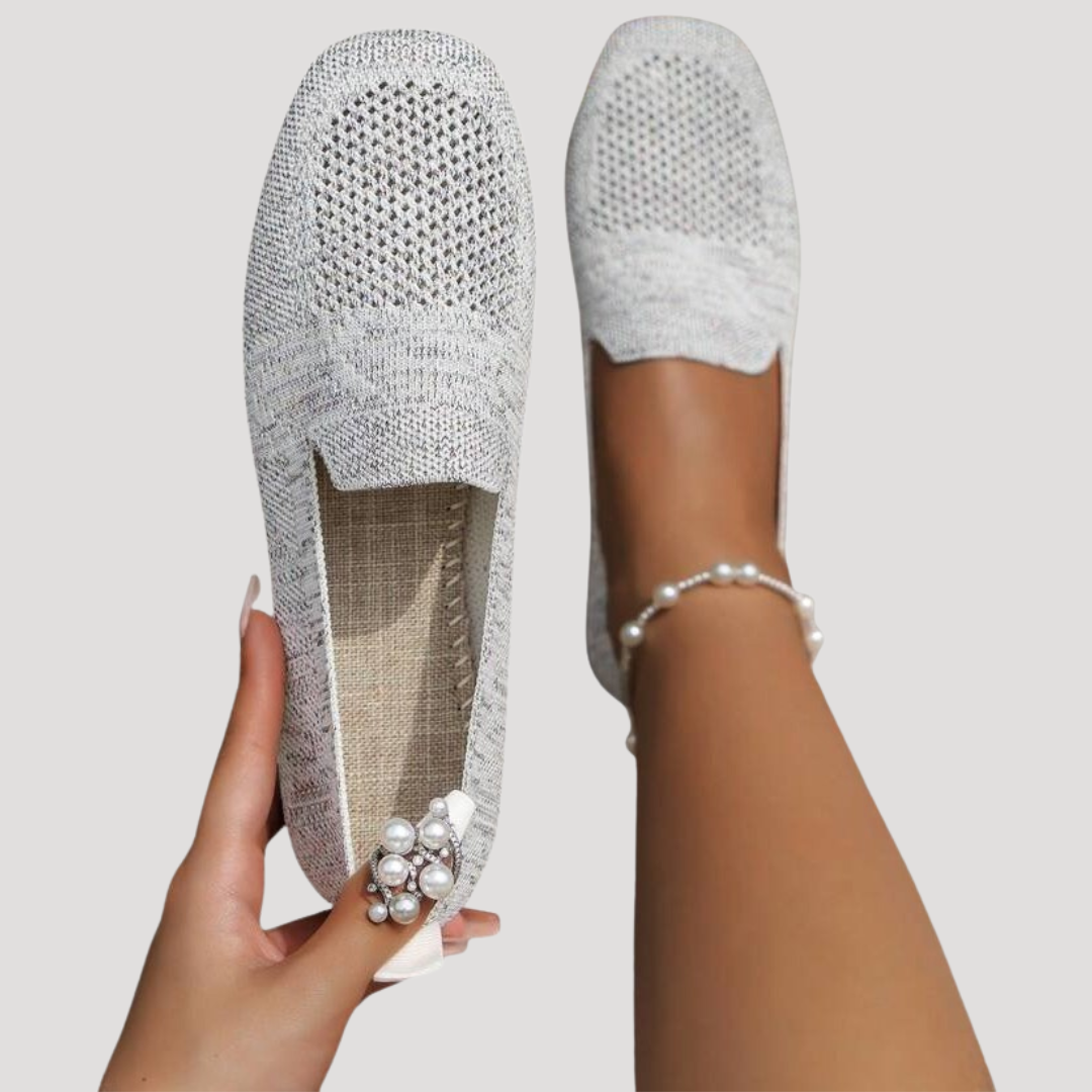 Women's easy wear slip-on square toe ballet flats, featuring a breathable knit upper.