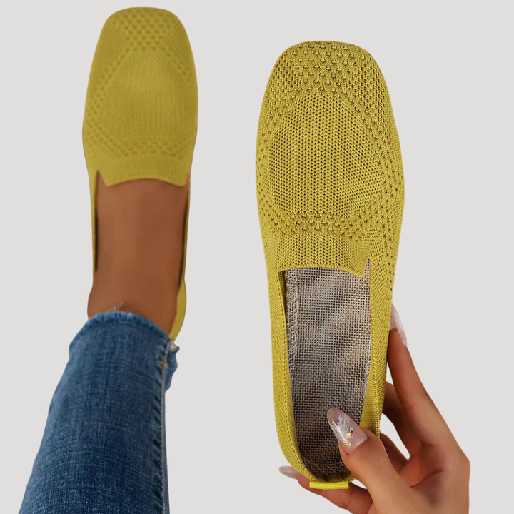 Top view of stylish women's square toe knit ballet flats, ideal for versatile casual outfits.