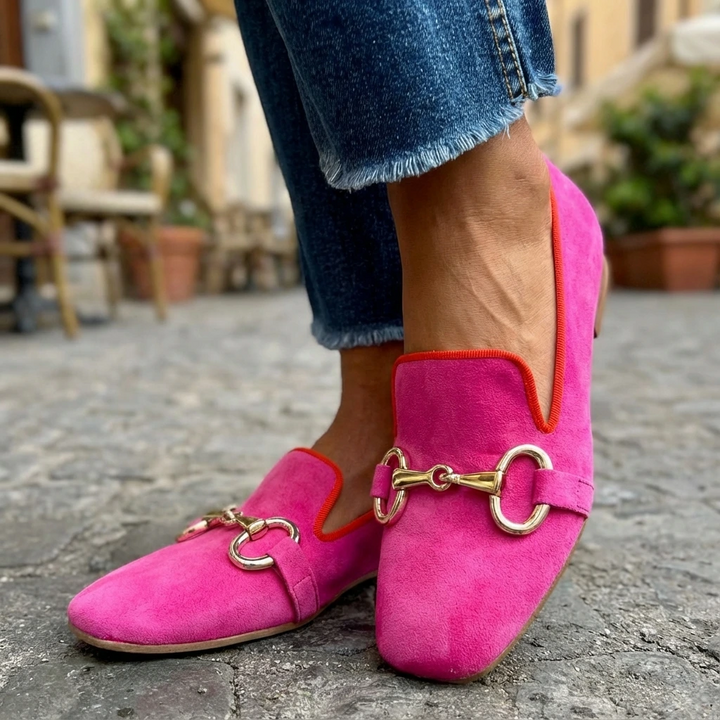Women's square toe flat loafers with classic horsebit buckle & stylish contrast trim for everyday wear.