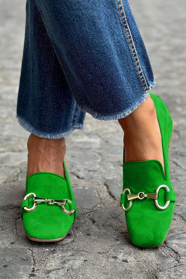 Stylish women's square toe flat loafers with a chic horsebit buckle & contrast trim, ideal for dressy or casual.