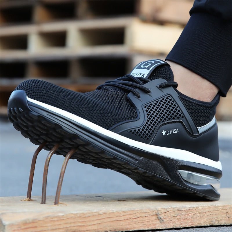 Stylish women's orthopedic safety sneakers featuring a steel toe and slip-resistant outsole for work.