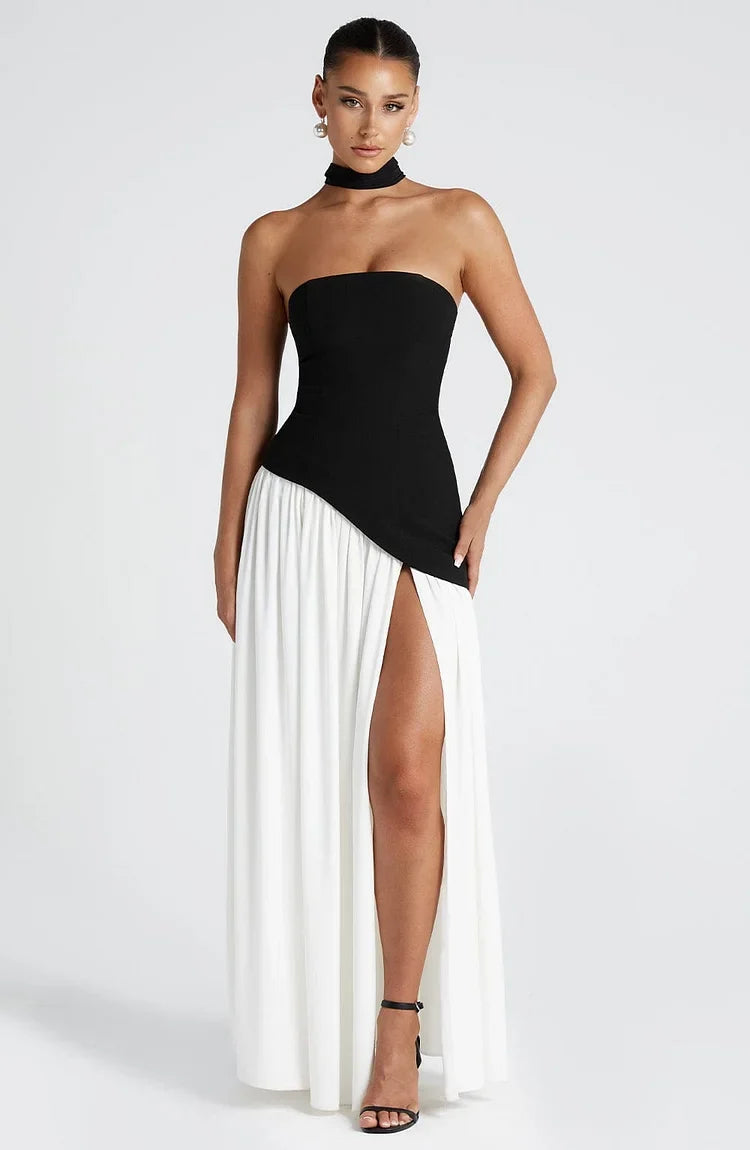 Chic strapless maxi dress for women, featuring an elegant asymmetric flowing hem.