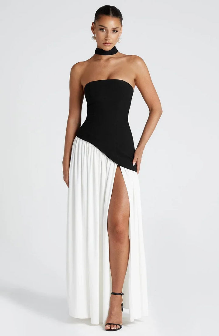 Chic strapless maxi dress for women, featuring an elegant asymmetric flowing hem.