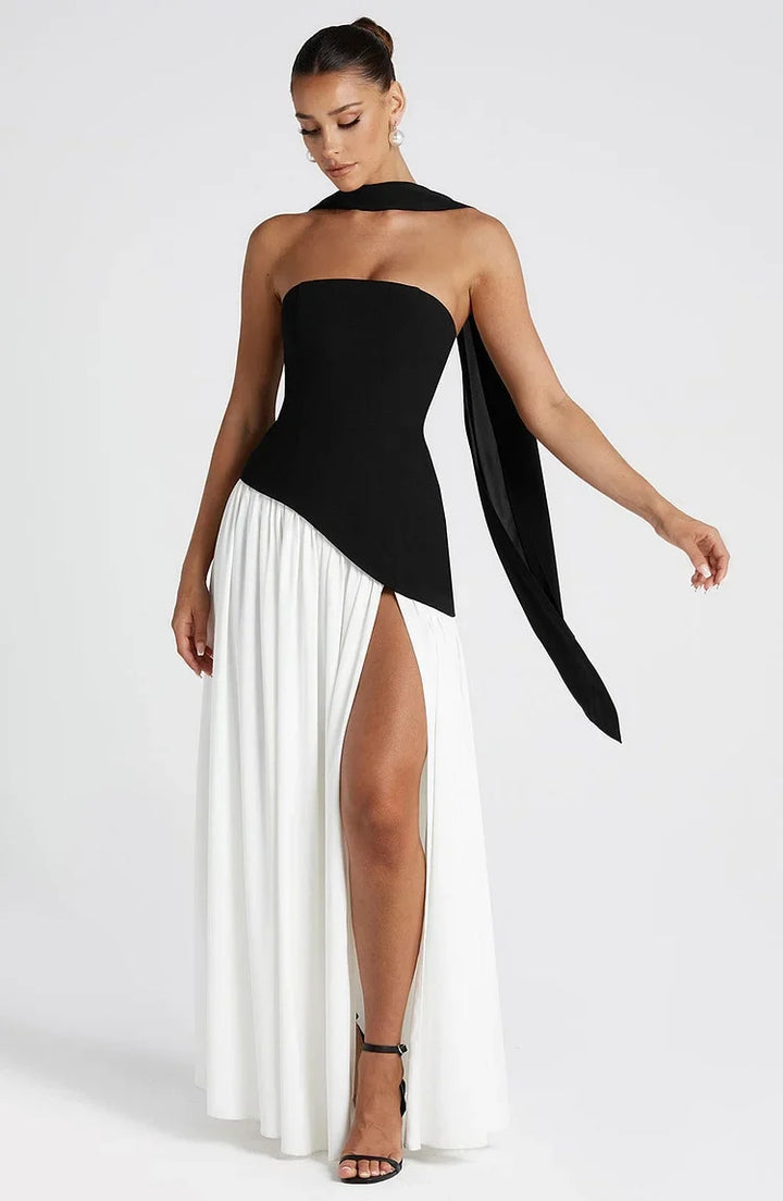 Women's summer strapless maxi dress, flowing with a graceful asymmetric hem.