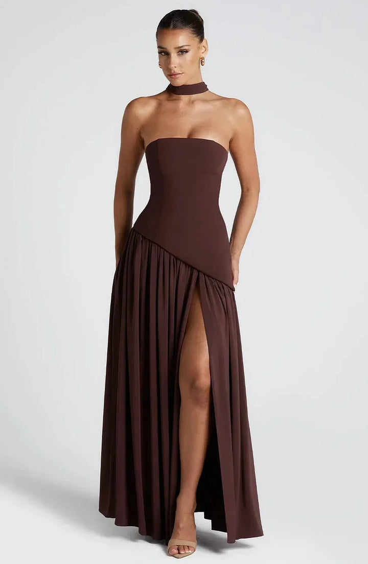 Sophisticated strapless asymmetric maxi dress, ideal for women's formal wear.