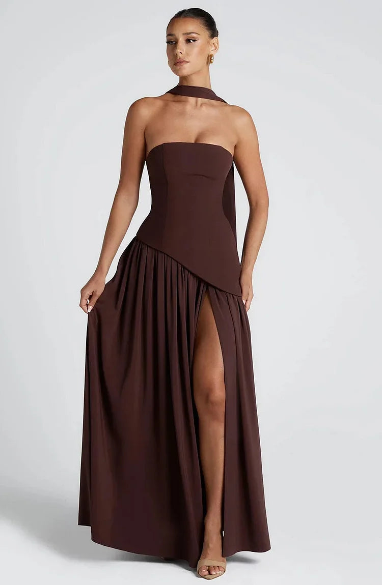 Chic women's strapless evening maxi dress, featuring a beautiful asymmetric hem.
