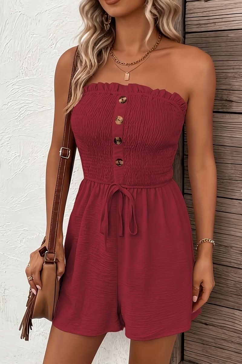 Chic women's strapless playsuit, ideal for a casual vacation outfit or versatile day-to-night summer style.