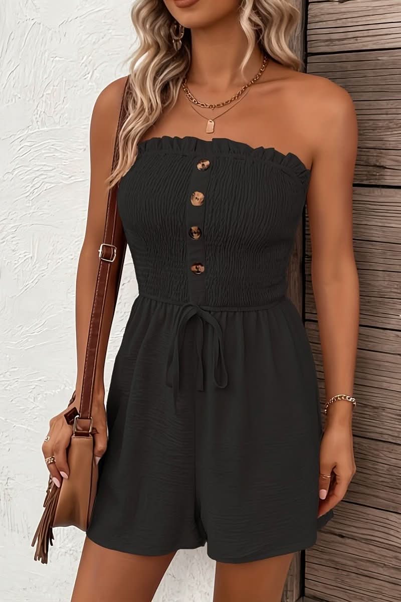 Effortless summer style with this tailored women's strapless romper, featuring a fashionable button front.