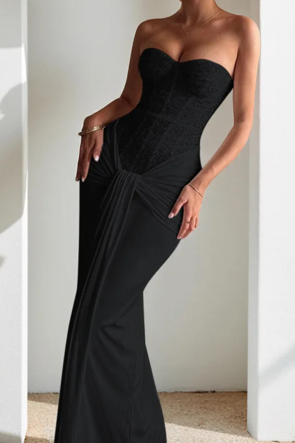 Elegant women's strapless corset mermaid evening gown, perfect for special occasions.