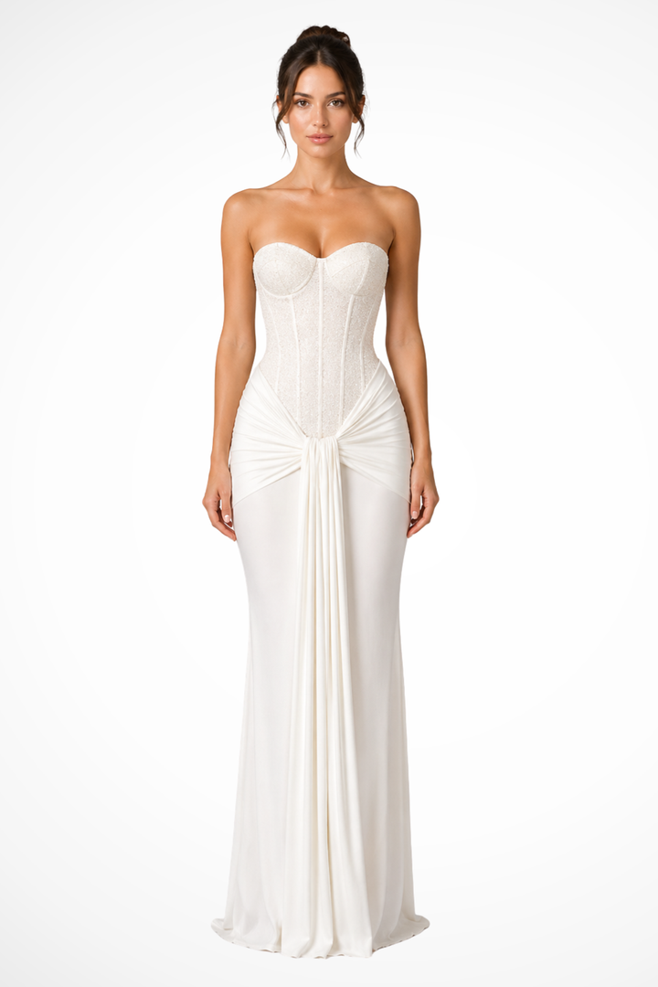 Formal strapless corset mermaid maxi dress, ideal women's prom or wedding guest attire.