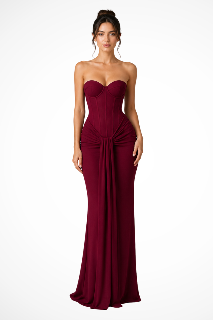 Figure-flattering women's strapless corset mermaid silhouette maxi dress, perfect for formal events.