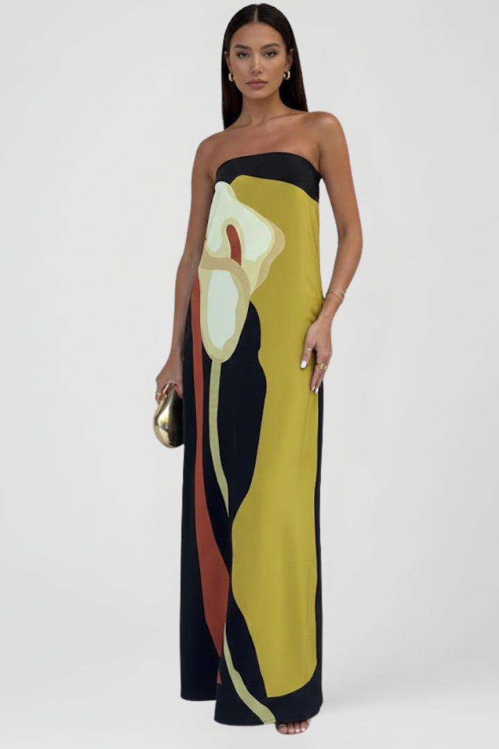 Elegant women's strapless maxi dress. Features a vibrant pattern, ideal for comfortable summer fashion.