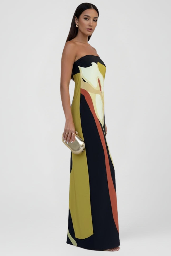 Stylish women's strapless maxi dress. Vibrant pattern for summer, beach, or casual elegant occasions.