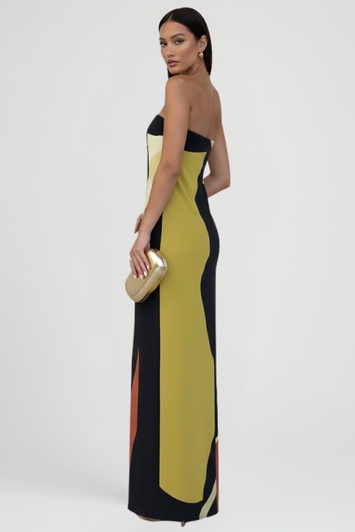 Vibrant patterned strapless maxi dress for women. Flowy summer dress, ideal for beach or casual fashion.