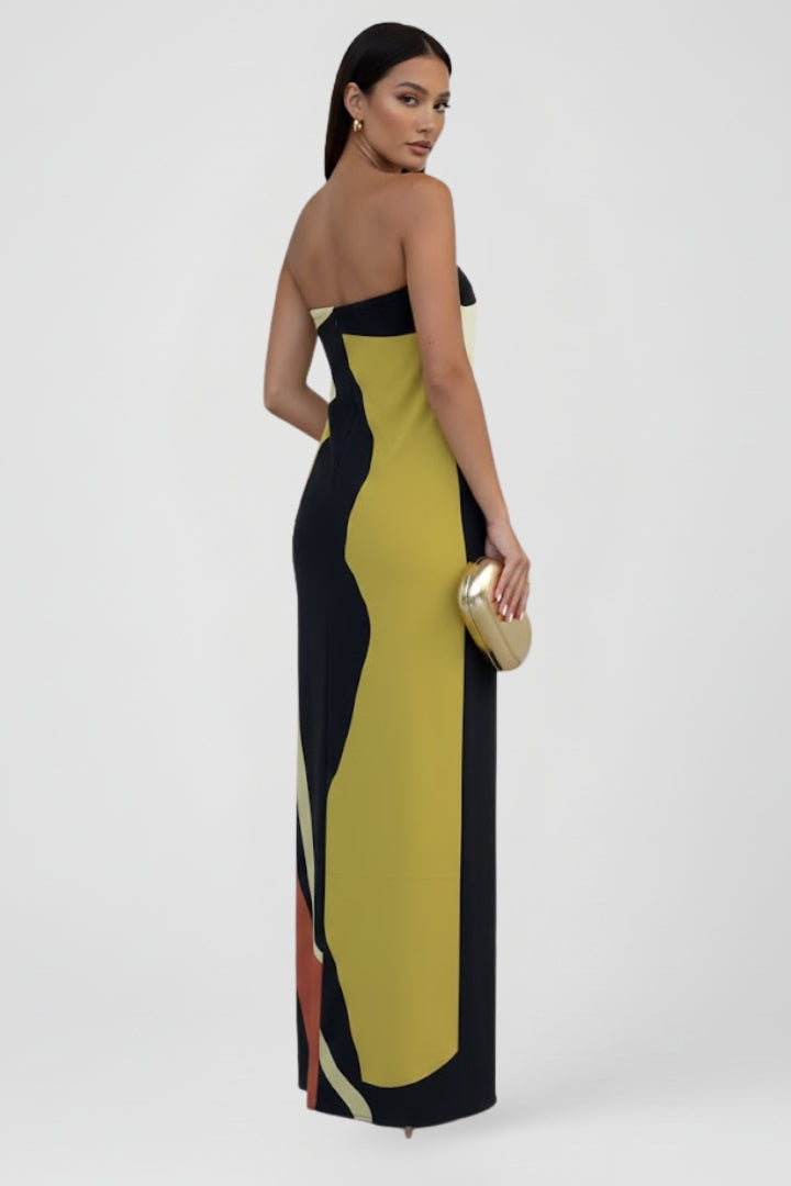 Trendy women's strapless maxi dress. Vibrant pattern makes it versatile for elegant summer and beach wear.