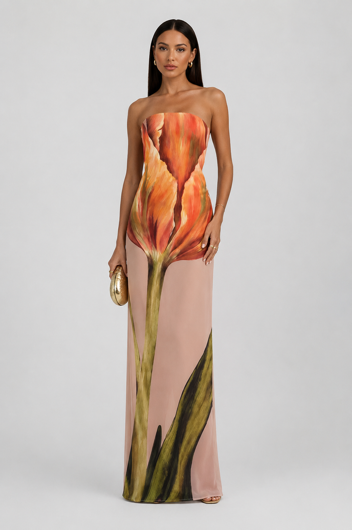 Women's vibrant patterned strapless maxi dress. A fashionable summer beach dress, perfect for casual style.