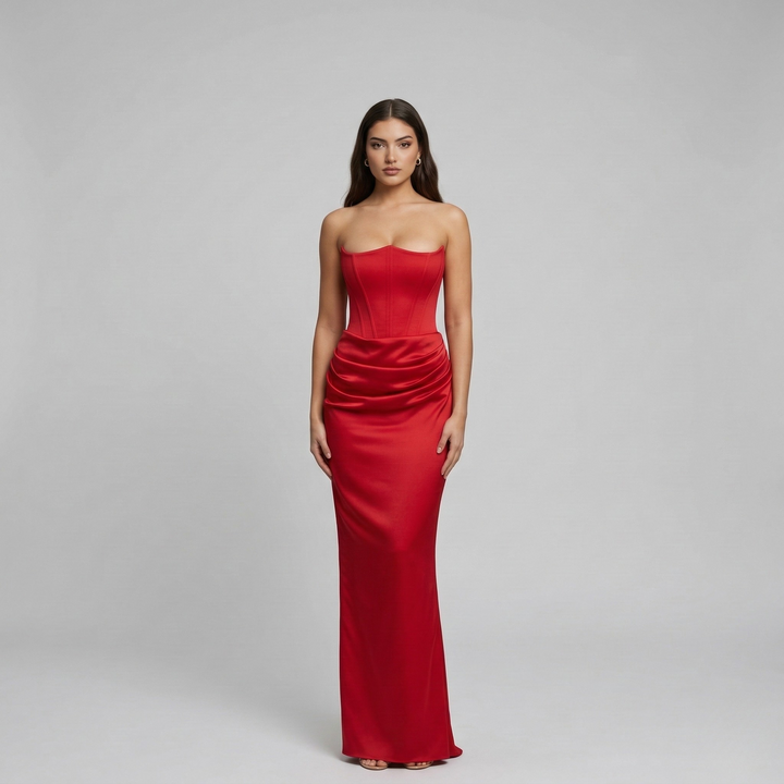 Sophisticated women's strapless mermaid formal gown, elegant draped design for parties & proms.