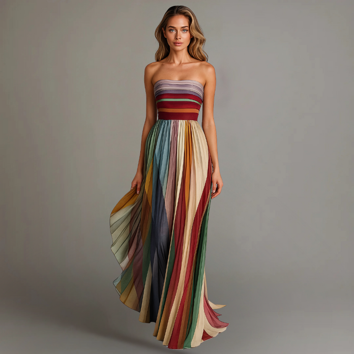 Women's strapless rainbow pleated maxi dress, perfect for elegant summer parties or resort wear.