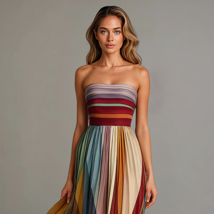 Flowing multicolor pleated strapless maxi dress for women, ideal for vacations & special occasions.