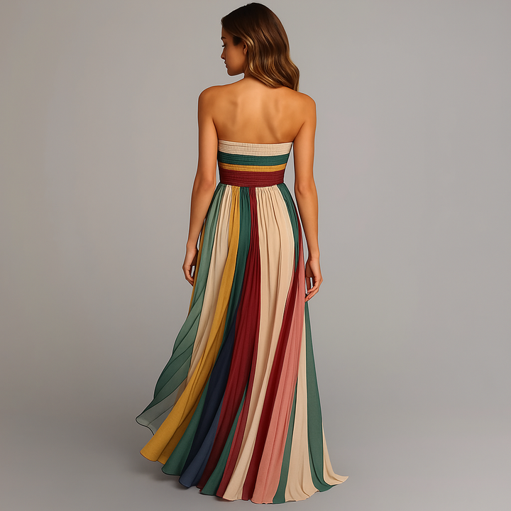 Vibrant rainbow pleated strapless maxi dress for women. Ideal elegant party dress & special occasion wear.