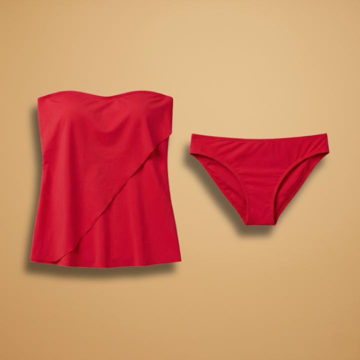 Elegant women's strapless sweetheart ruffle tankini top. Chic bandeau swimsuit ideal for summer fashion.