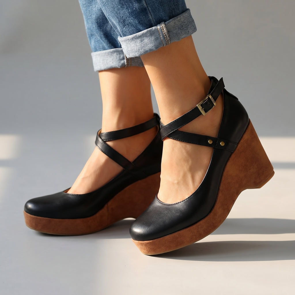 Women's Strappy Cross-Front Wedge Sandals with comfortable ankle strap for summer fashion.