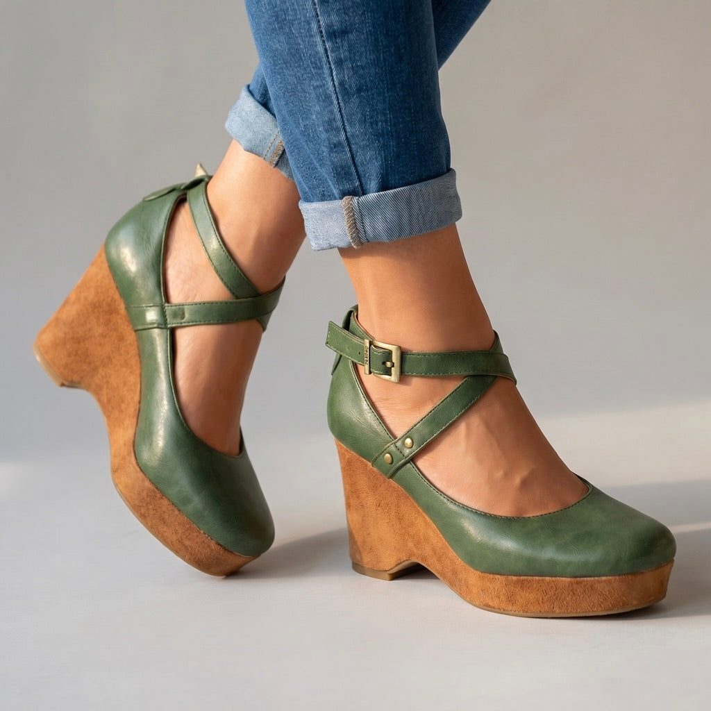 Comfortable women's strappy wedge sandals featuring a stylish cross-front design & secure ankle strap.