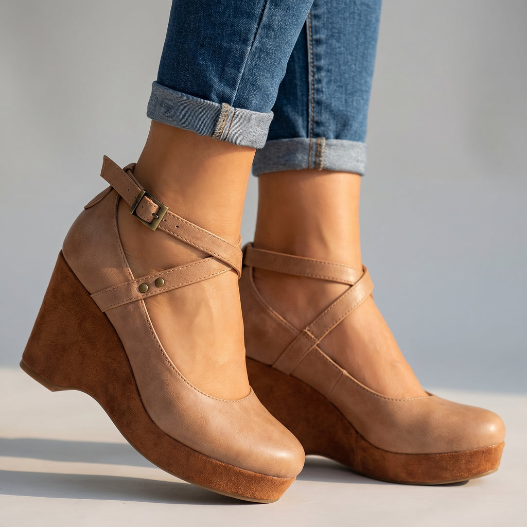 Dressy yet casual women's strappy wedge heels with cross-front design, ideal for summer & versatile wear.