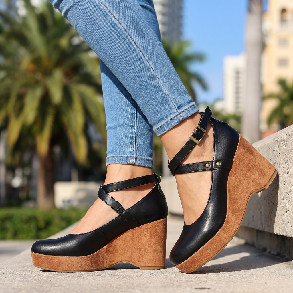 Stylish women's wedge sandals with intricate cross-front strappy design, elevated platform, and ankle strap.