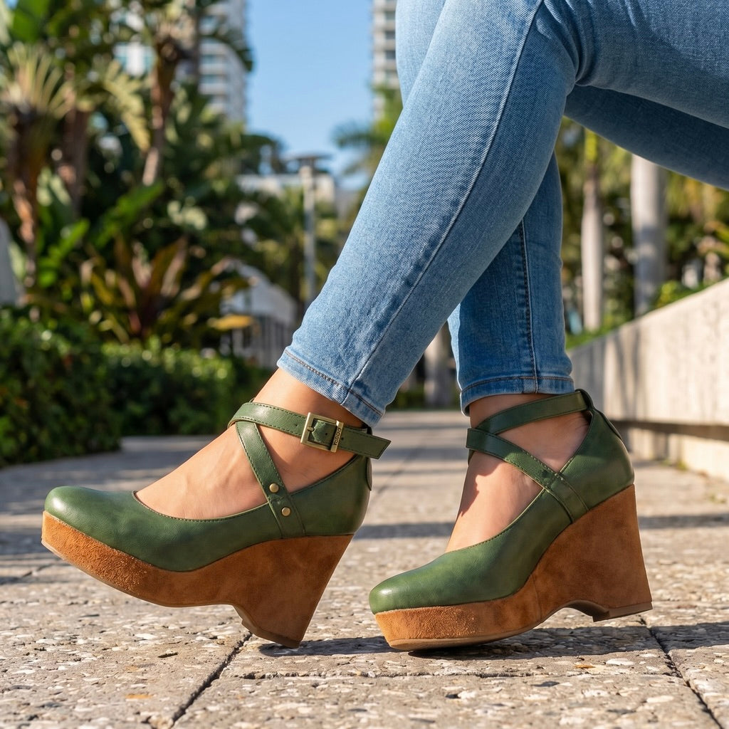 Women's shoes: strappy cross-front wedge sandals, offering comfort and style for warm weather fashion.