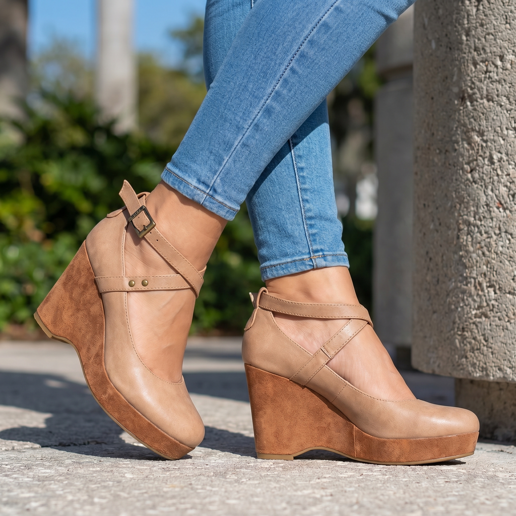 Women's comfortable cross-front strappy wedge sandals with platform and ankle strap for elegant summer style.