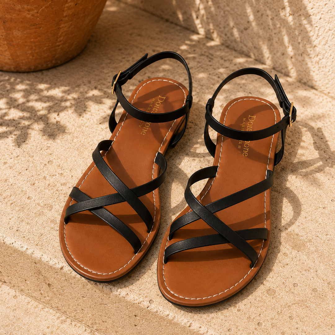 Side view of women's casual strappy flat sandals with ankle strap, great for daily wear.