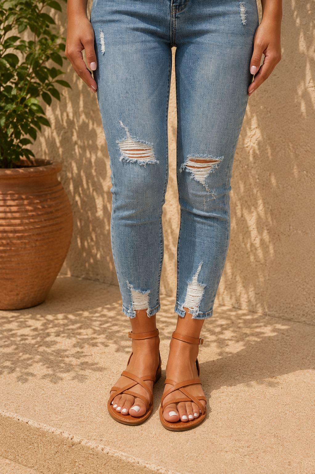 Ladies' multi-strap flat sandals with an adjustable ankle strap, perfect comfortable summer footwear.