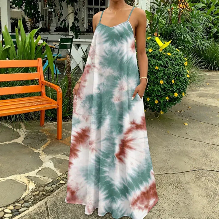 Women's strappy tie-dye maxi dress. Perfect for summer, vacation, or casual bohemian style.