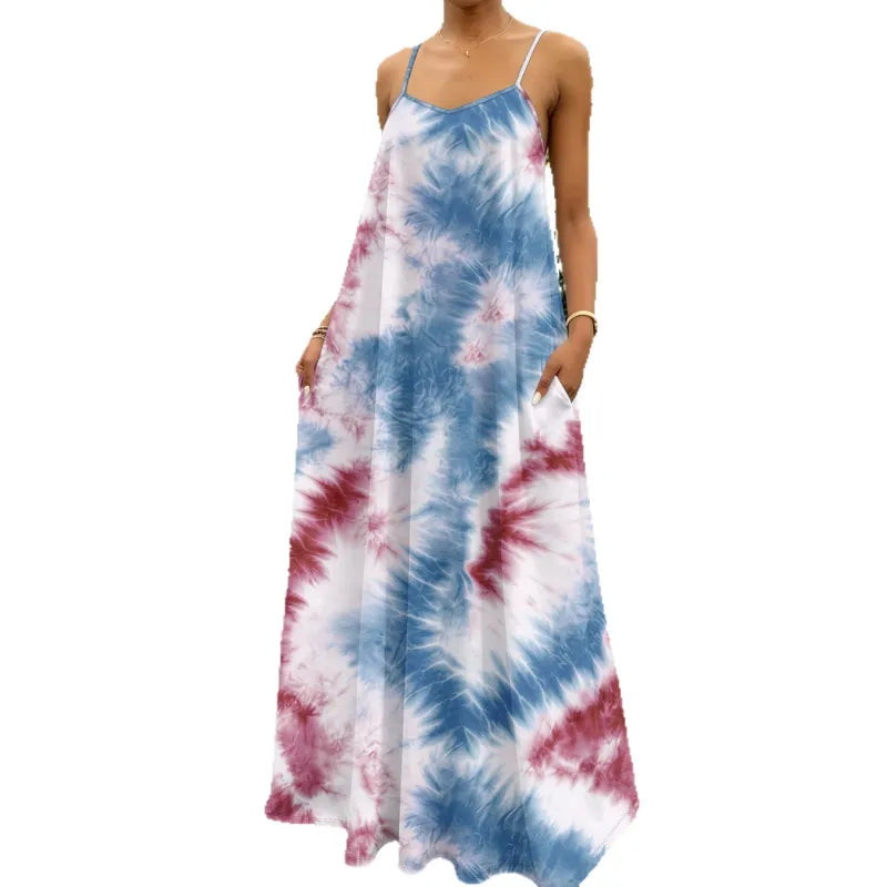 Flowy tie-dye maxi dress for women with adjustable straps & V-neck. Comfortable & stylish summer vacation wear.