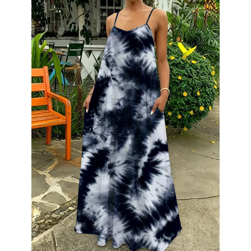 Vibrant tie-dye pattern on a sleeveless maxi dress for women. Ideal for beach, casual outings, or bohemian fashion.
