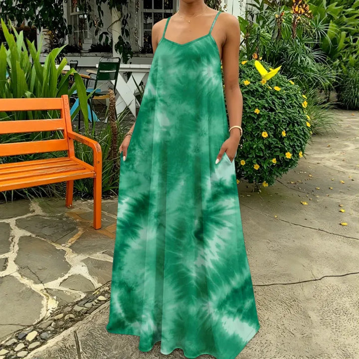 Soft, comfortable women's tie-dye maxi dress with a relaxed, flowy silhouette. Perfect as a summer vacation dress.