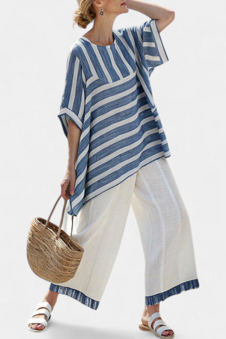 Women's striped batwing top & wide leg pant set, perfect for casual chic or resort wear. Coordinated summer outfit.