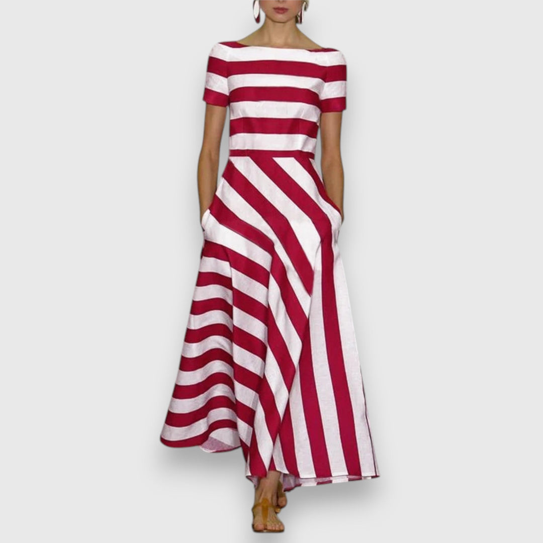 Elegant women's A-line midi dress with stylish stripes, boat neck, and practical pockets for versatile wear.