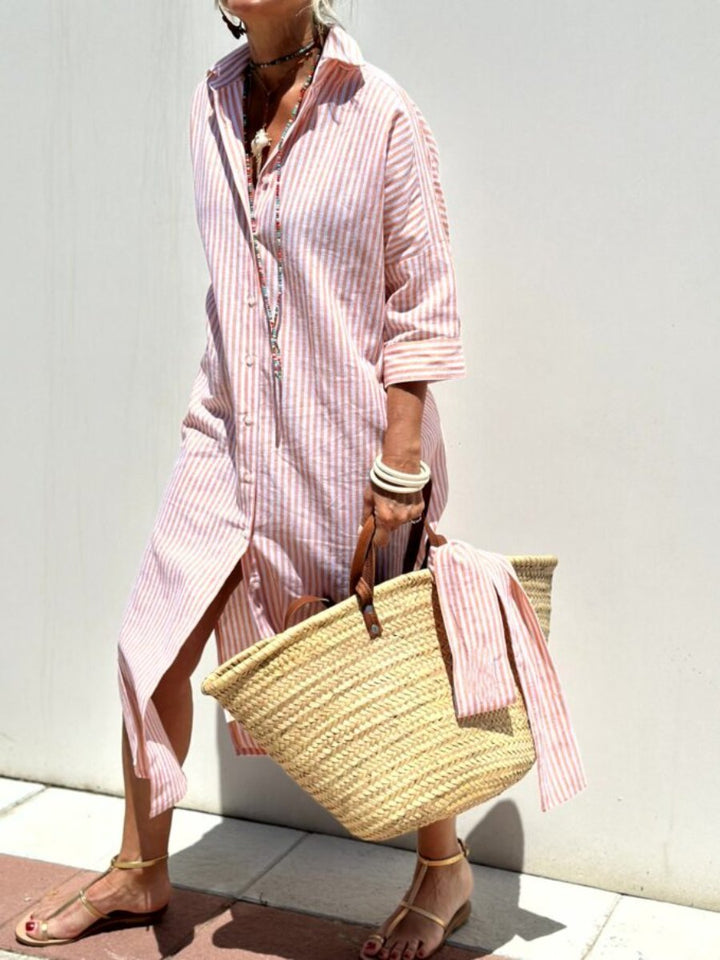 Women's striped button-front midi shirt dress with a relaxed fit, perfect for summer casual wear.