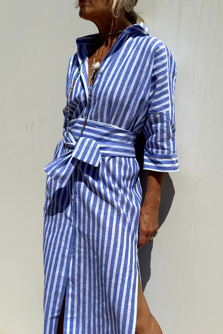 Chic striped collared midi dress for women, featuring a button-down front and oversized comfortable fit.
