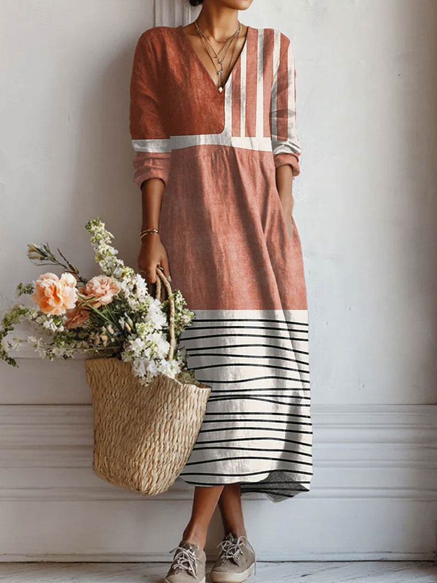 Women's striped color block V-neck casual maxi dress with pockets, ideal for comfortable fall and spring wear.