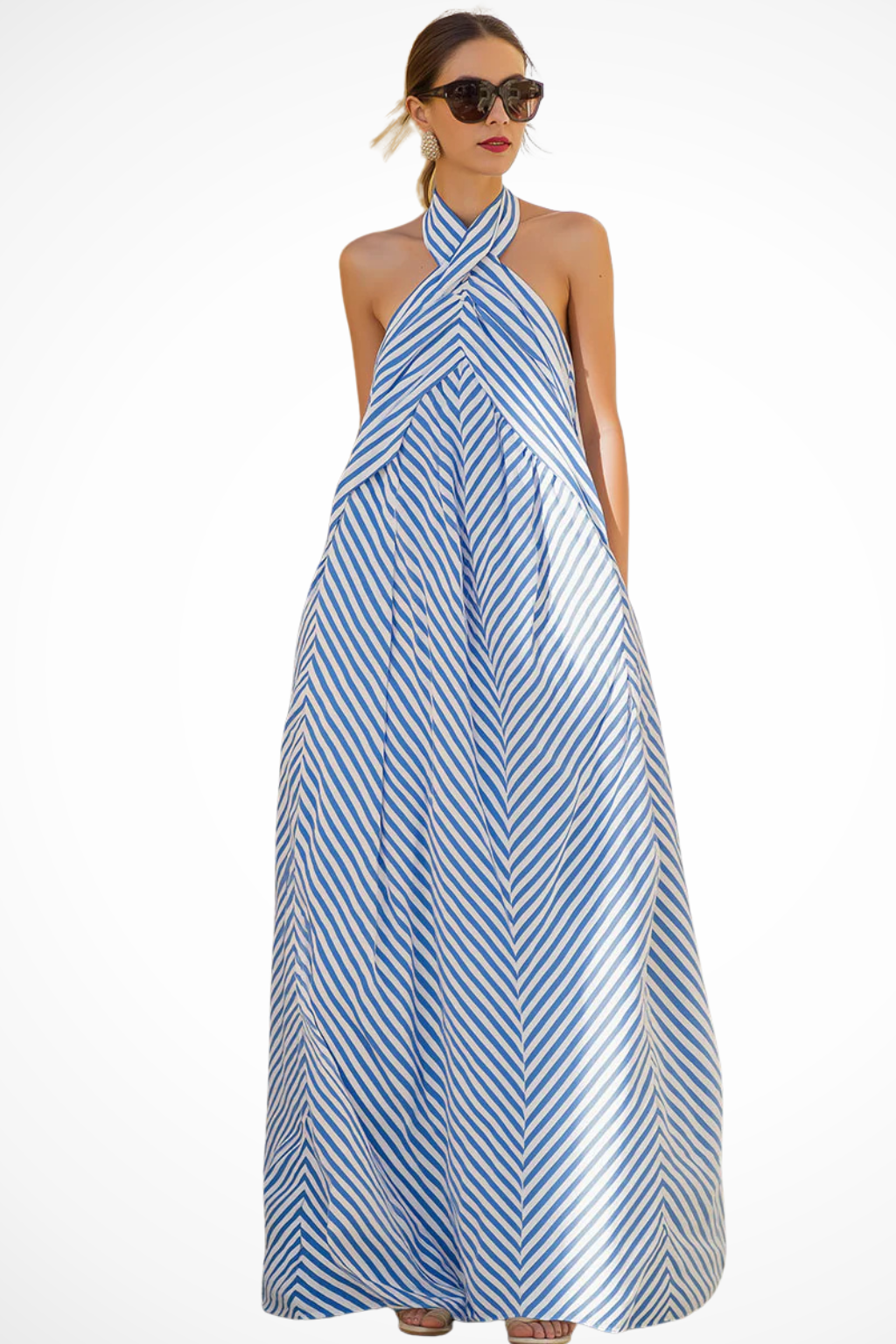 Women's striped halter neck maxi sundress. Relaxed fit, perfect for summer casual wear.