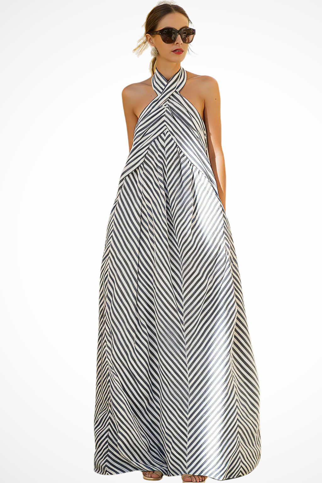 Elegant striped halter neck maxi dress for women. Relaxed A-line fit, perfect casual summer sundress.
