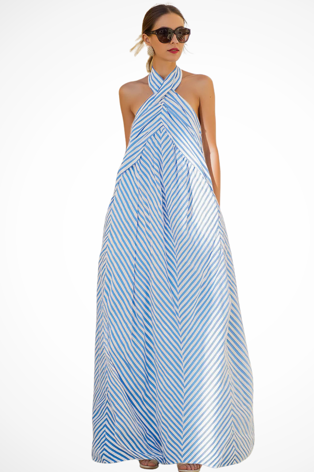 Sleeveless striped halter neck maxi sundress for women. Relaxed, flowing fit, great for warm weather.