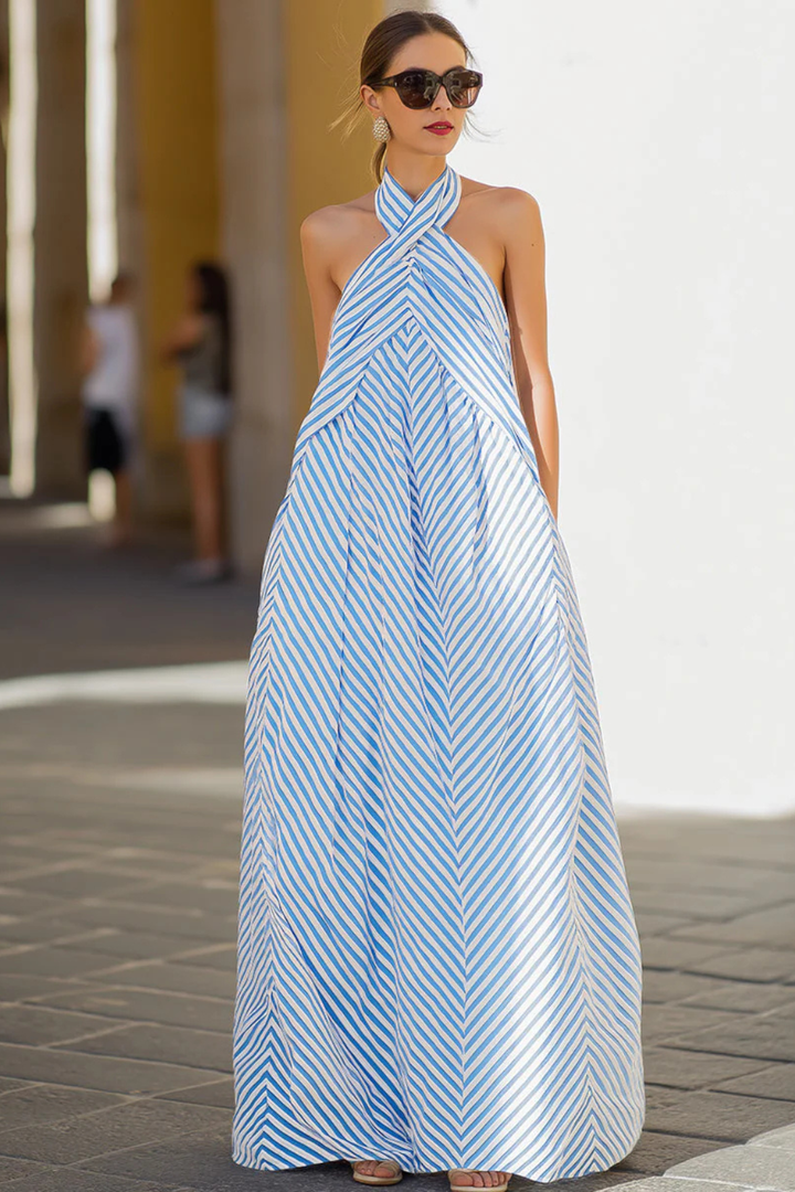 Casual women's striped halter neck maxi sundress. Relaxed A-line fit, a must-have for summer fashion.