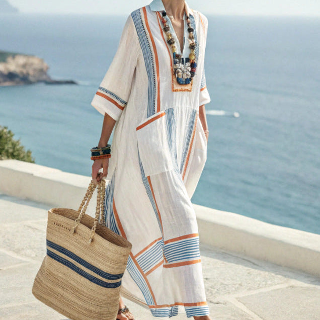 Women's striped kimono maxi dress, ideal for beach & vacation. Perfect summer resort wear, bohemian style.