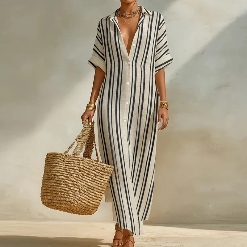Women's striped long shirt dress with V-neck, three-quarter sleeves & relaxed fit for casual summer wear.