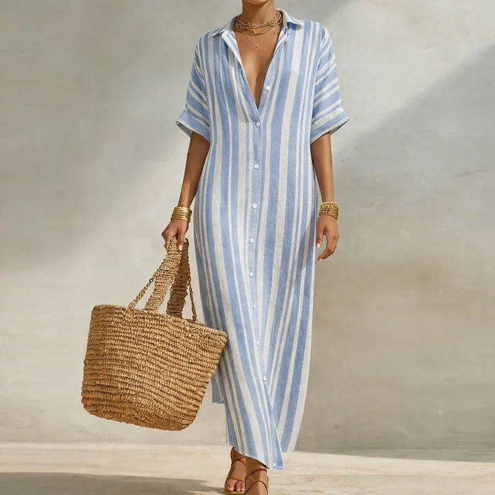 Women's everyday striped long shirt dress for summer; relaxed fit, V-neck, three-quarter sleeves.
