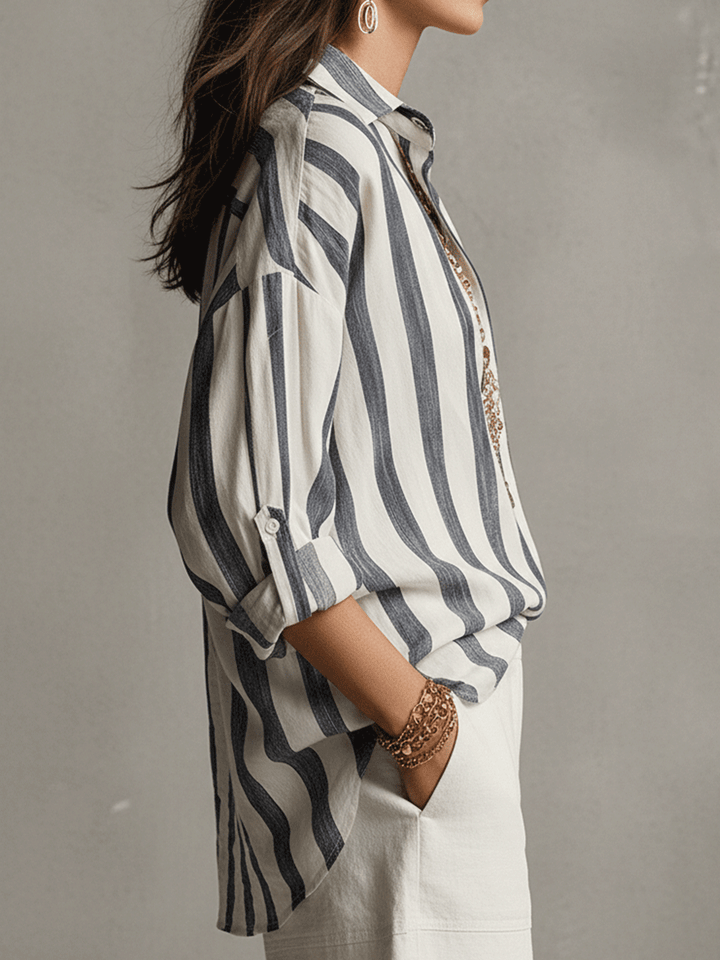 Fashionable women's long-sleeve striped top, button-front, suitable for all seasons.